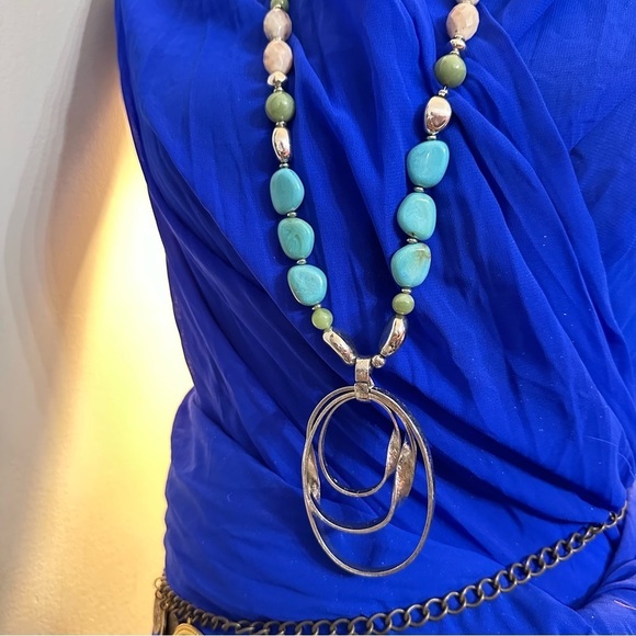 Chico's Jewelry - Chico's Blue and Silver Geometric Necklace Statement long Dangle pendant 0776 P